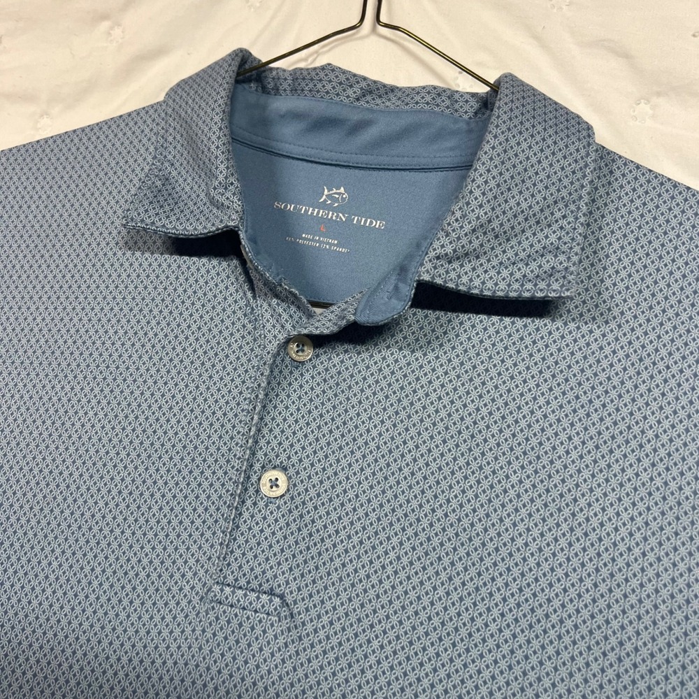 Southern Tide Mens Blue Geometric Performance Polo Shirt Large Short Sleeve